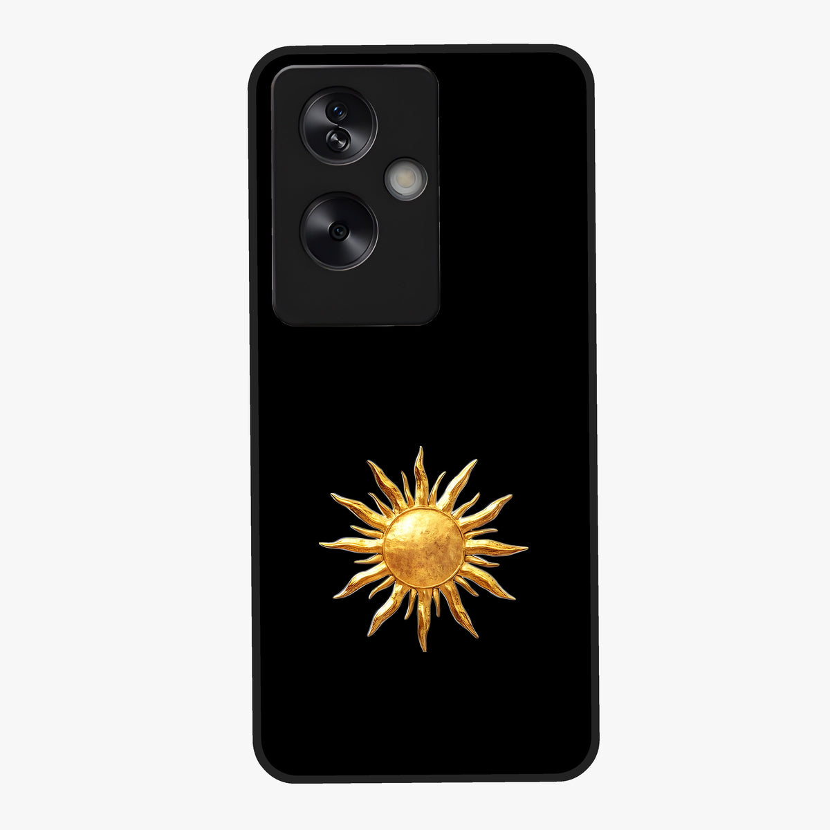Golden Sun Minimalism Glass Case showing flat back view with minimal golden sun artwork and glossy glass finish.