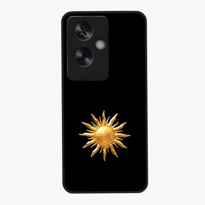 Golden Sun Minimalism Glass Case showing flat back view with minimal golden sun artwork and glossy glass finish.