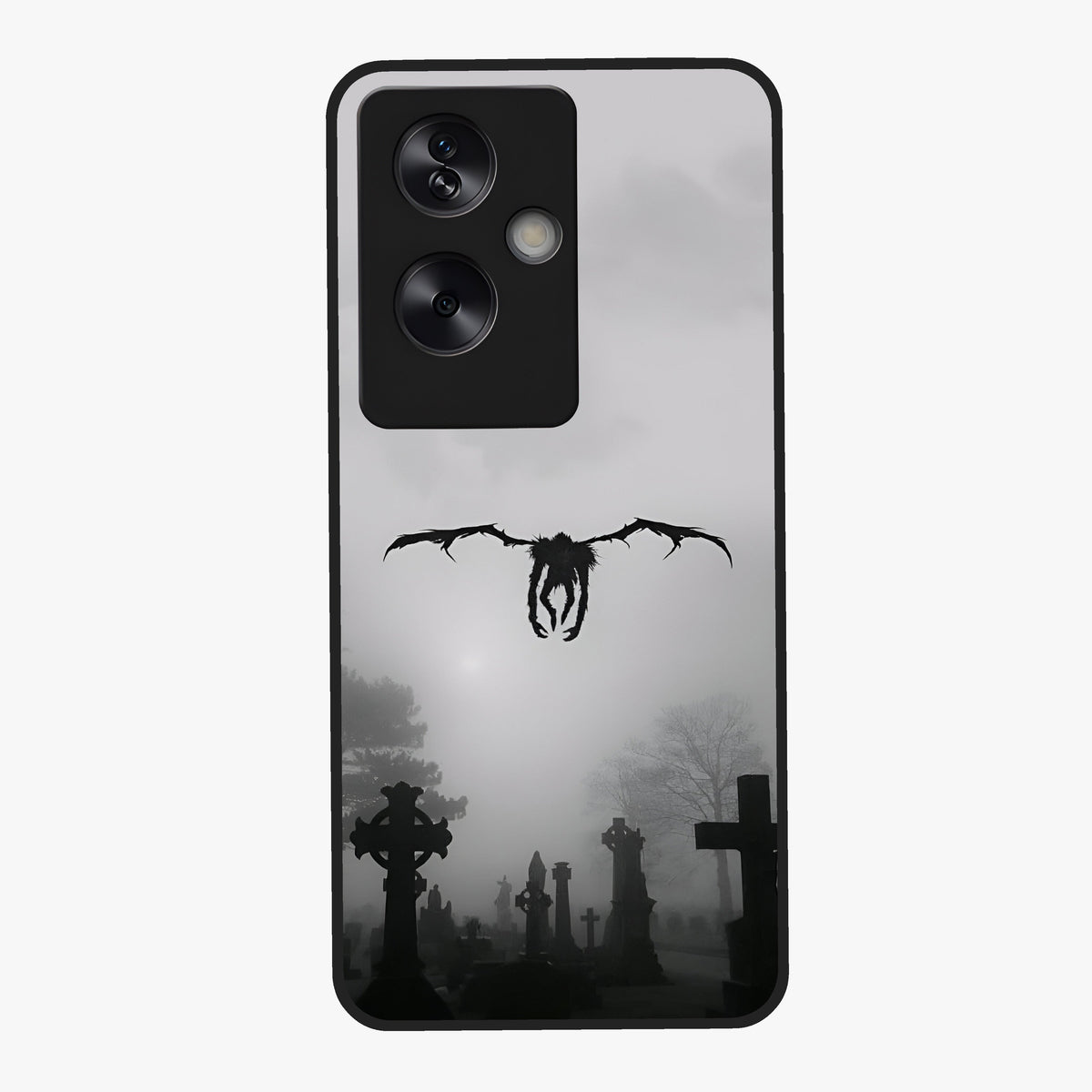 Graveyard Shadow Descent Glass Case showing flat back view with dark graveyard themed artwork and glossy glass finish.