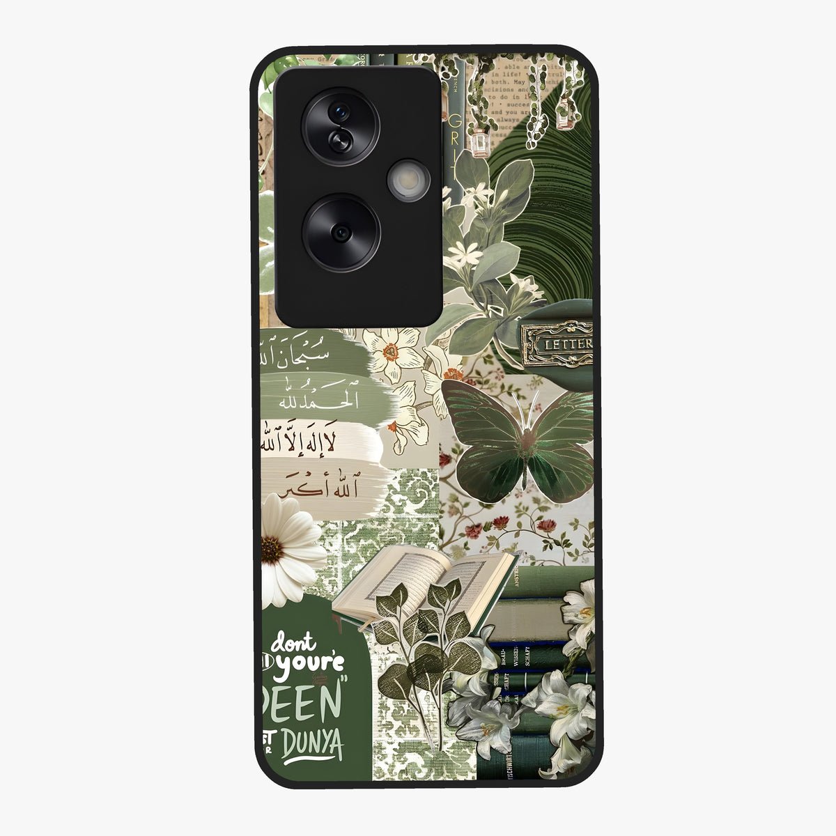 Green Islamic Books Quotes Glass Case showing flat back view with Islamic quotes and book themed artwork and glossy glass finish.