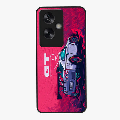 GT-R Car Pattern Glass Case showing flat back view with sporty car inspired pattern artwork and glossy glass finish.