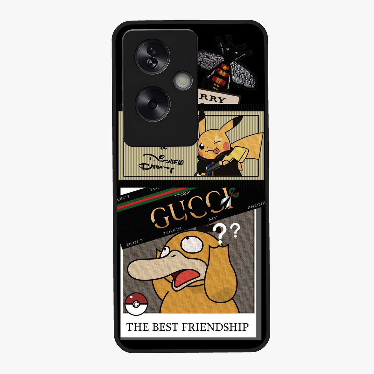 Gucci Play Mashup Glass Case showing flat back view with luxury inspired graphic artwork and glossy glass finish.