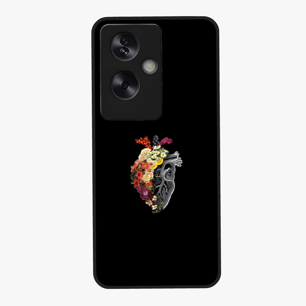 Heart With Flowers Glass Case showing flat back view with heart shaped floral artwork and glossy glass finish.