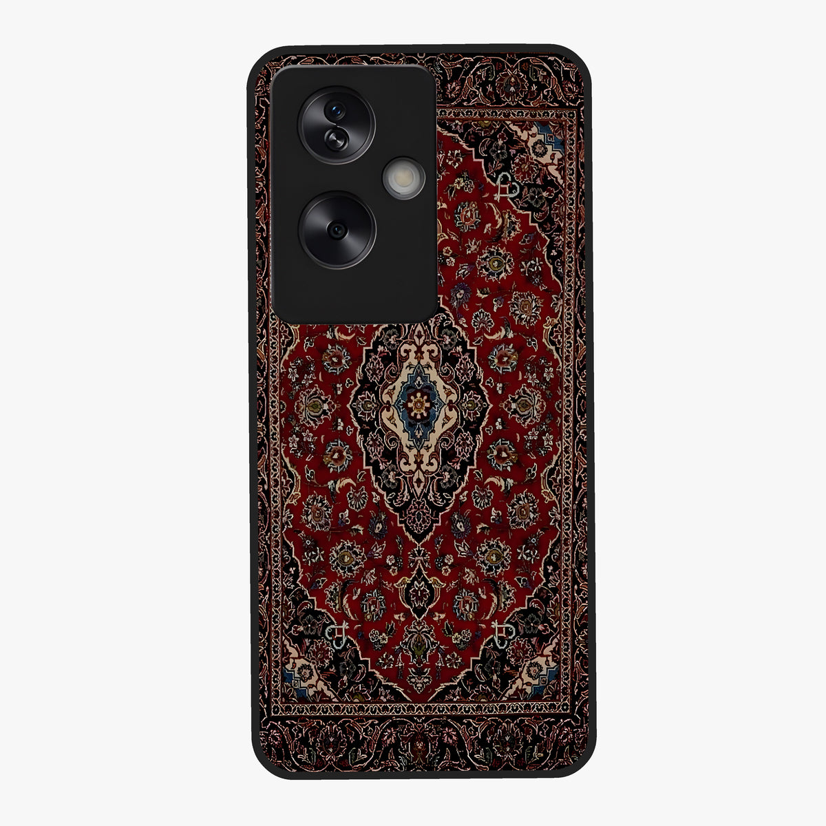 Heritage Carpet Royale Glass Case showing flat back view with ornate Persian carpet inspired pattern and glossy glass finish.