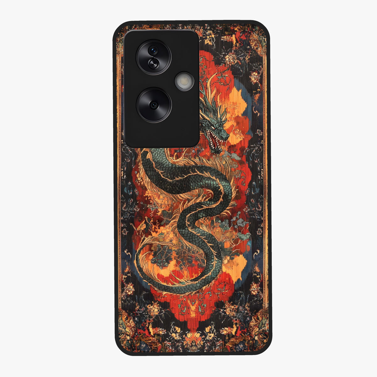 Inferno Dragon Soul Glass Case showing flat back view with fiery dragon artwork and glossy glass finish.