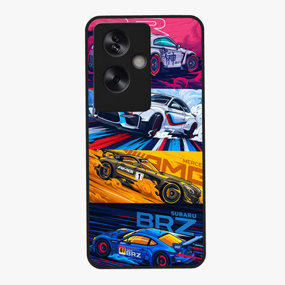 JDM Sports Car Glass Case showing flat back view with high performance sports car artwork and glossy glass finish.