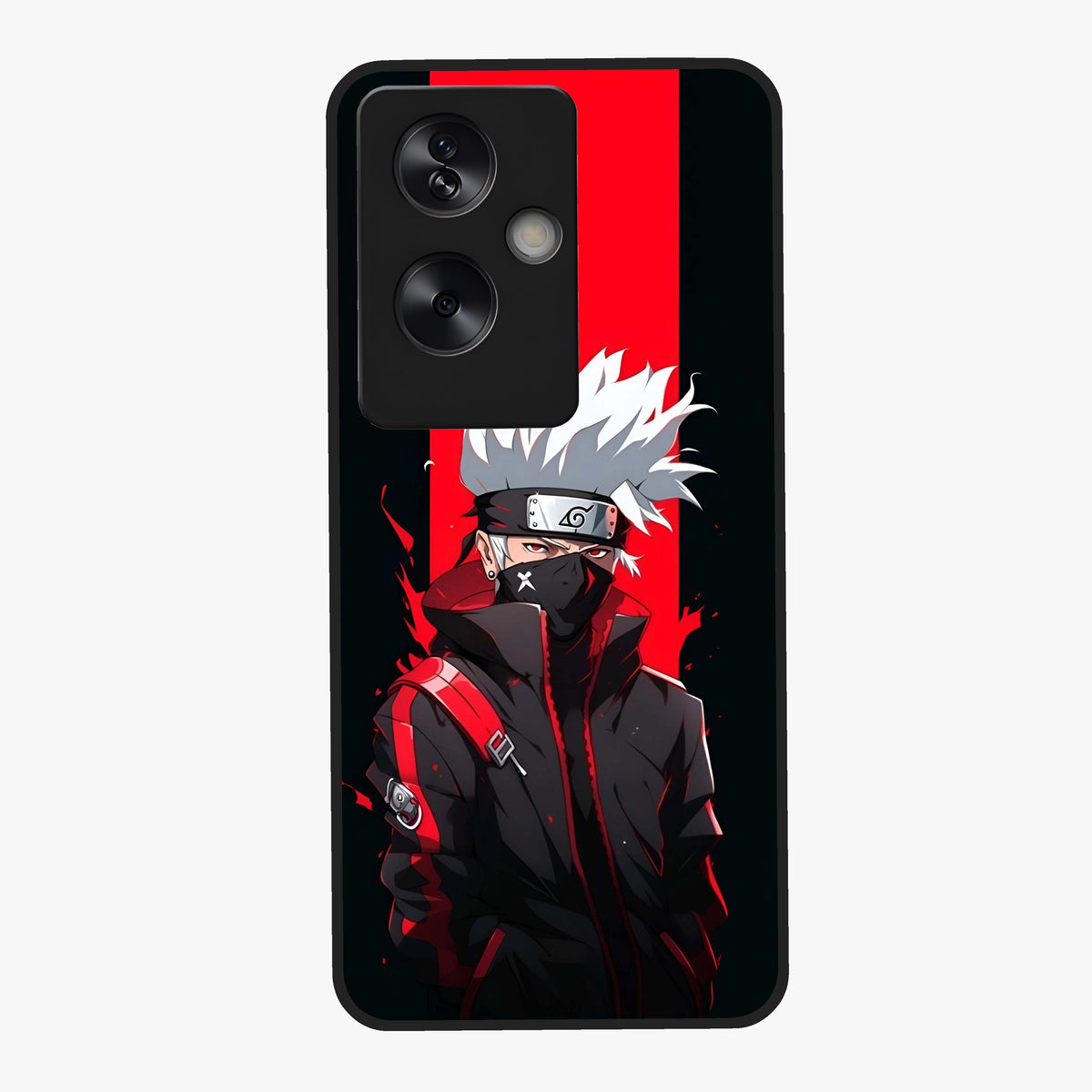 Kakashi Scarlet Shadow Glass Case showing flat back view with powerful anime ninja artwork and glossy glass finish.