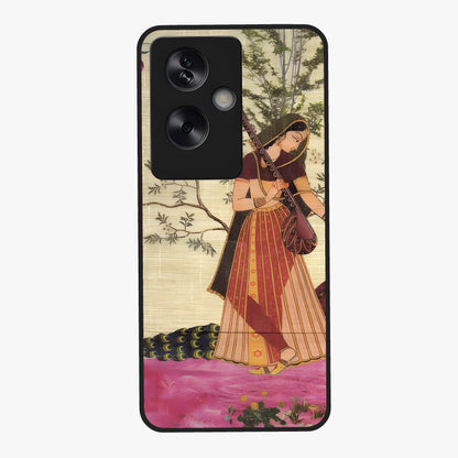 Lady With Veena Art Glass Case showing flat back view with elegant woman playing veena artwork and glossy glass finish.