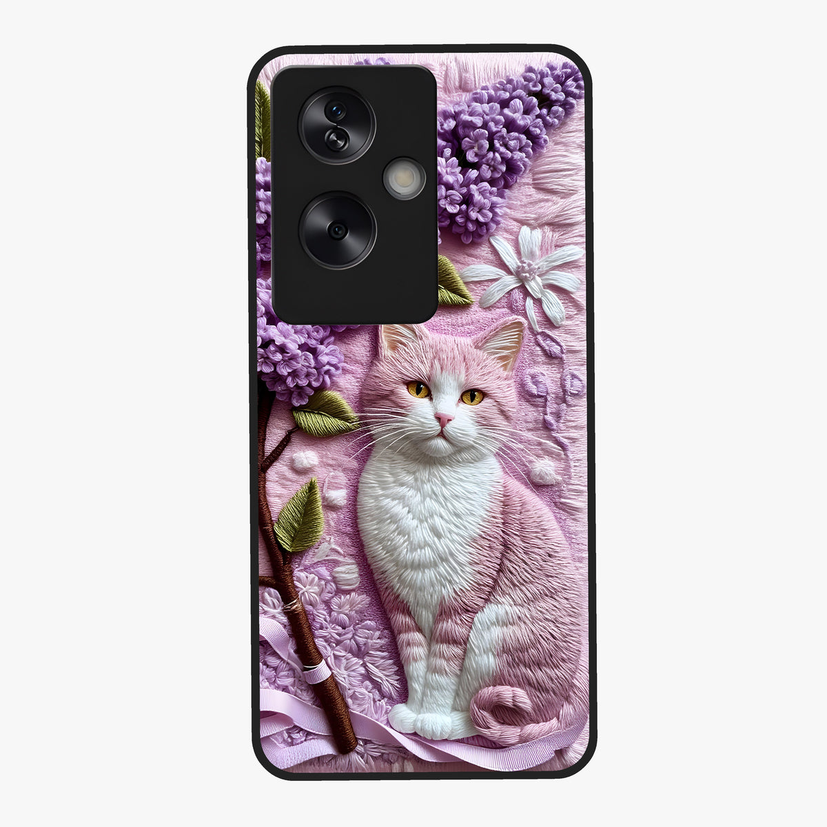 Lavender Cat Whimsy Glass Case showing flat back view with cute lavender cat artwork and glossy glass finish.