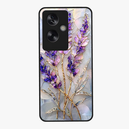 Lavender Dream Glow Glass Case showing flat back view with glowing lavender aesthetic artwork and glossy glass finish.