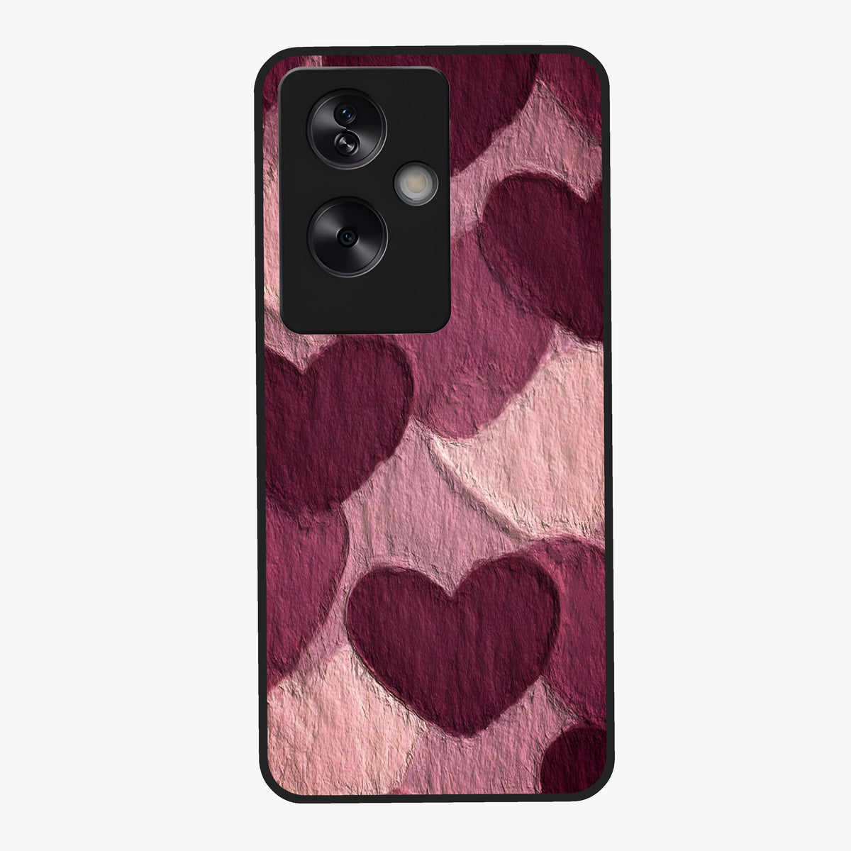 Layered Paper Hearts Glass Case showing flat back view with layered paper heart artwork and glossy glass finish.