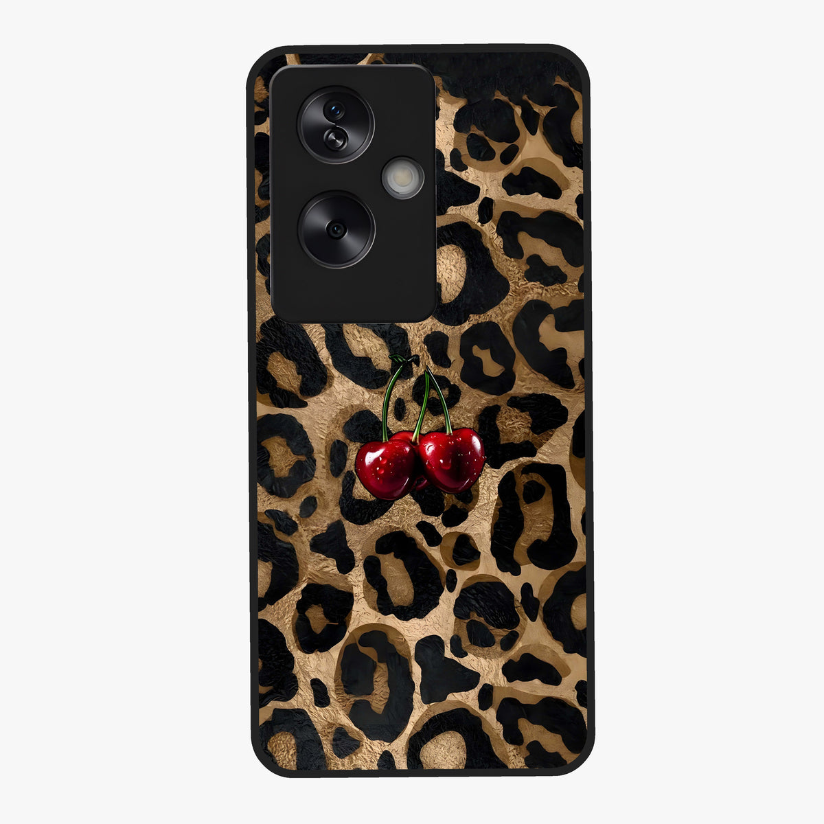 Leopard Wild Cherry Glass Case showing flat back view with leopard pattern and cherry artwork and glossy glass finish.