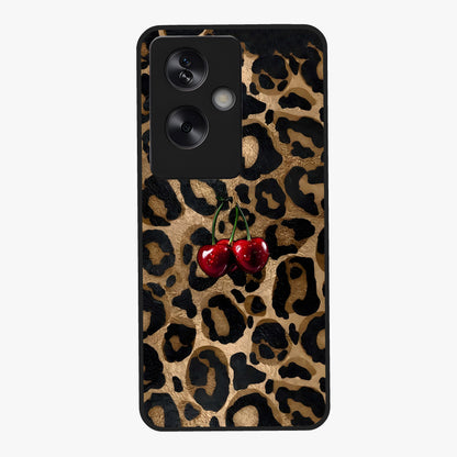 Leopard Wild Cherry Glass Case showing flat back view with leopard pattern and cherry artwork and glossy glass finish.