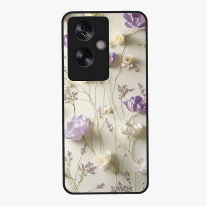Lilac Breeze Harmony Glass Case showing flat back view with soft lilac themed artwork and glossy glass finish.