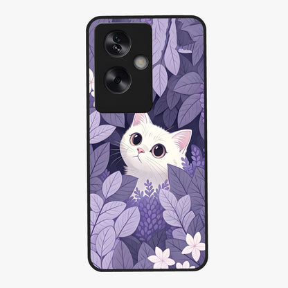 Lilac Hide Peek Cat Glass Case showing flat back view with cute peeking cat artwork and glossy glass finish.
