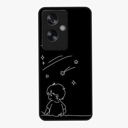 Line Art Boy With Shooting Stars Glass Case showing flat back view with minimal line art boy and shooting stars illustration and glossy glass finish.