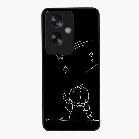Line Art Girl With Shooting Stars Glass Case showing flat back view with minimal line art girl and shooting stars illustration and glossy glass finish.