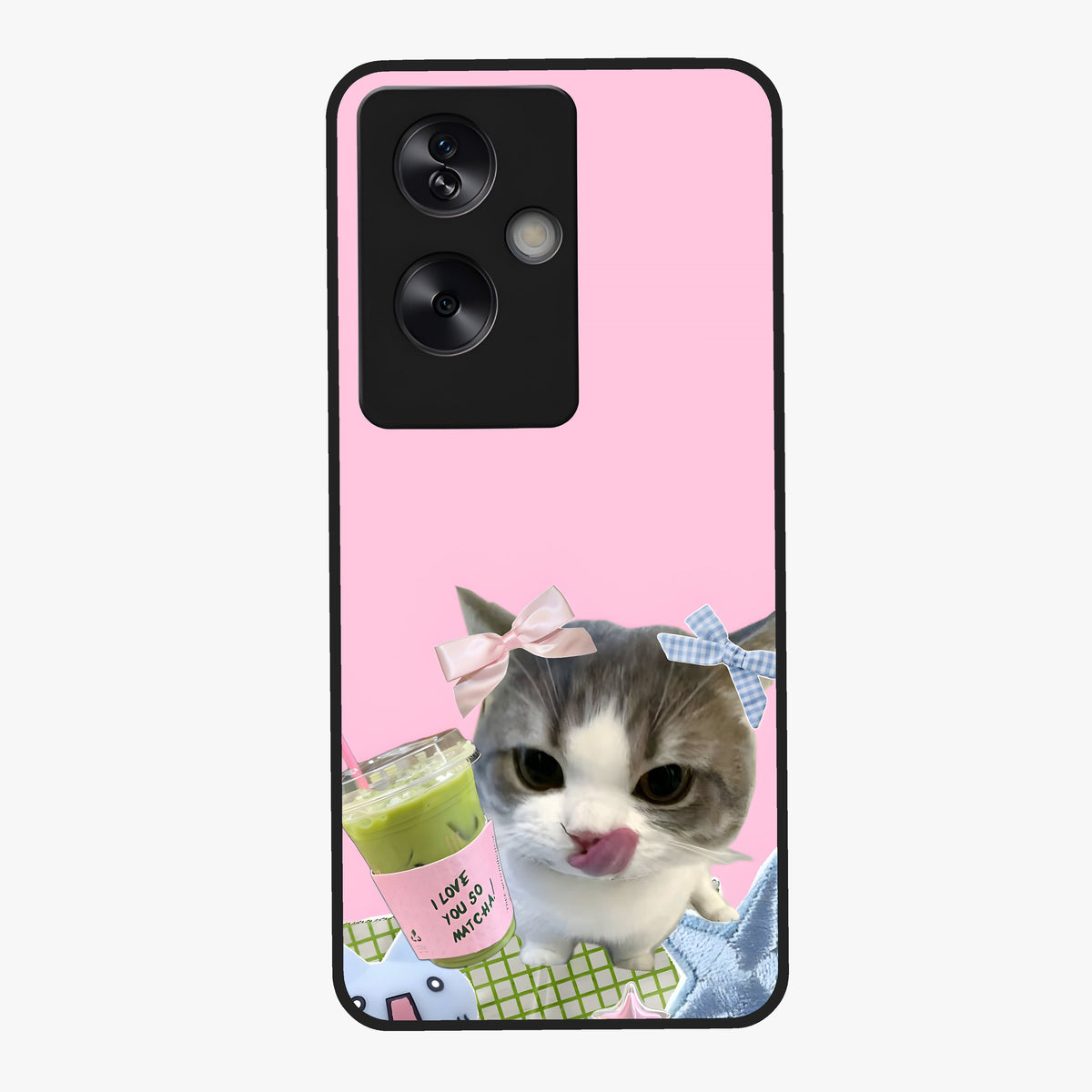 Love Matcha Cat Glass Case showing flat back view with cute cat and matcha themed artwork and glossy glass finish.