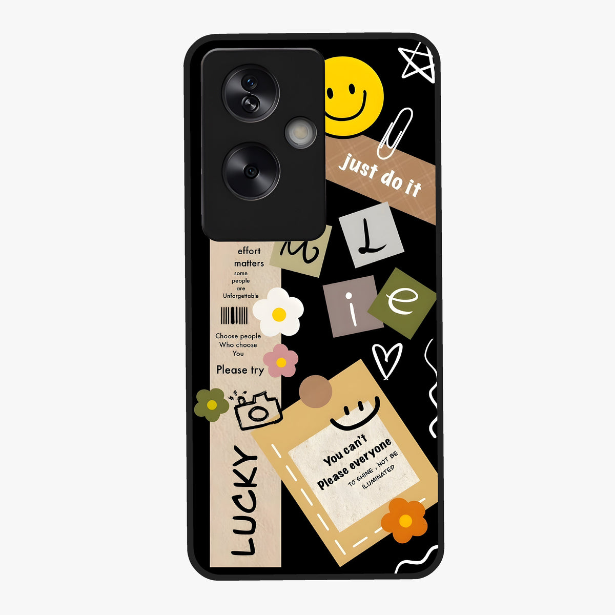 Lucky Aesthetic Collage Glass Case showing flat back view with trendy aesthetic collage artwork and glossy glass finish.