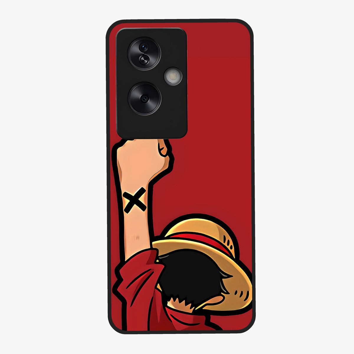 Luffy X Spirit Glass Case showing flat back view with bold anime character artwork and glossy glass finish.
