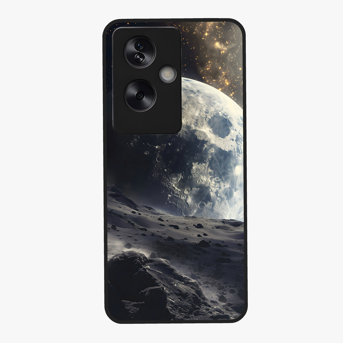 Lunar Horizon Glow Glass Case showing flat back view with glowing moon horizon artwork and glossy glass finish.
