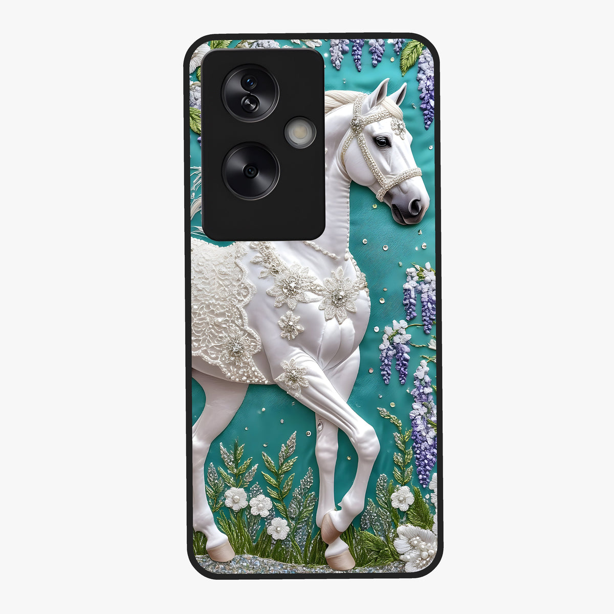 Majestic Floral Stallion Glass Case showing flat back view with powerful horse and floral artwork and glossy glass finish.