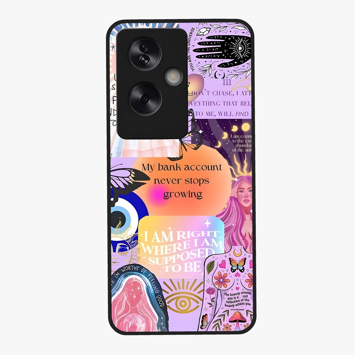 Manifestation Collage Glass Case showing flat back view with motivational collage artwork and glossy glass finish.