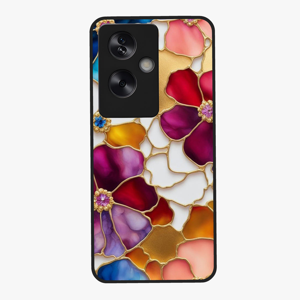 Marble Flower Pattern Glass Case showing flat back view with marble texture floral artwork and glossy glass finish.