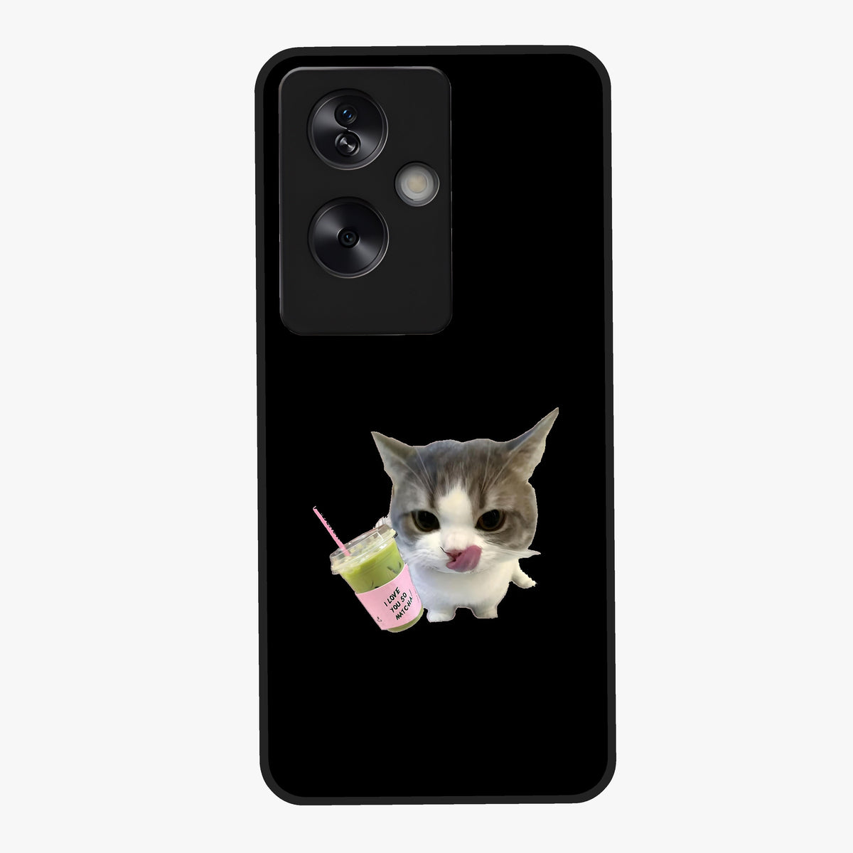 Matcha Cat Style Glass Case showing flat back view with cute matcha themed cat artwork and glossy glass finish.