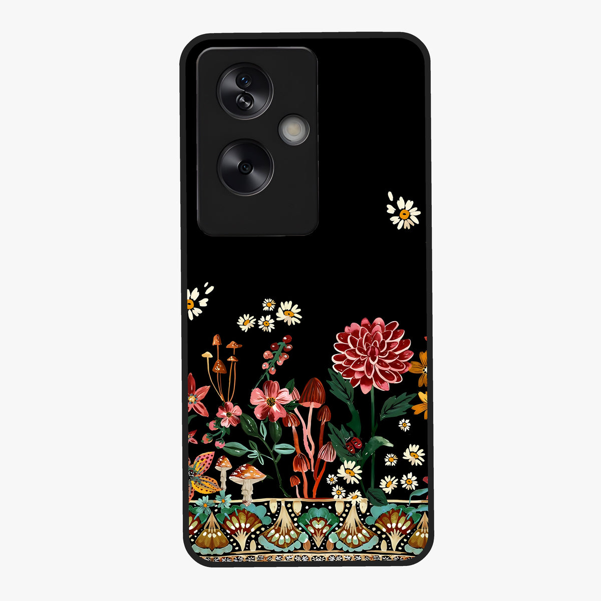 Midnight Bloom Pattern Glass Case showing flat back view with dark floral pattern artwork and glossy glass finish.