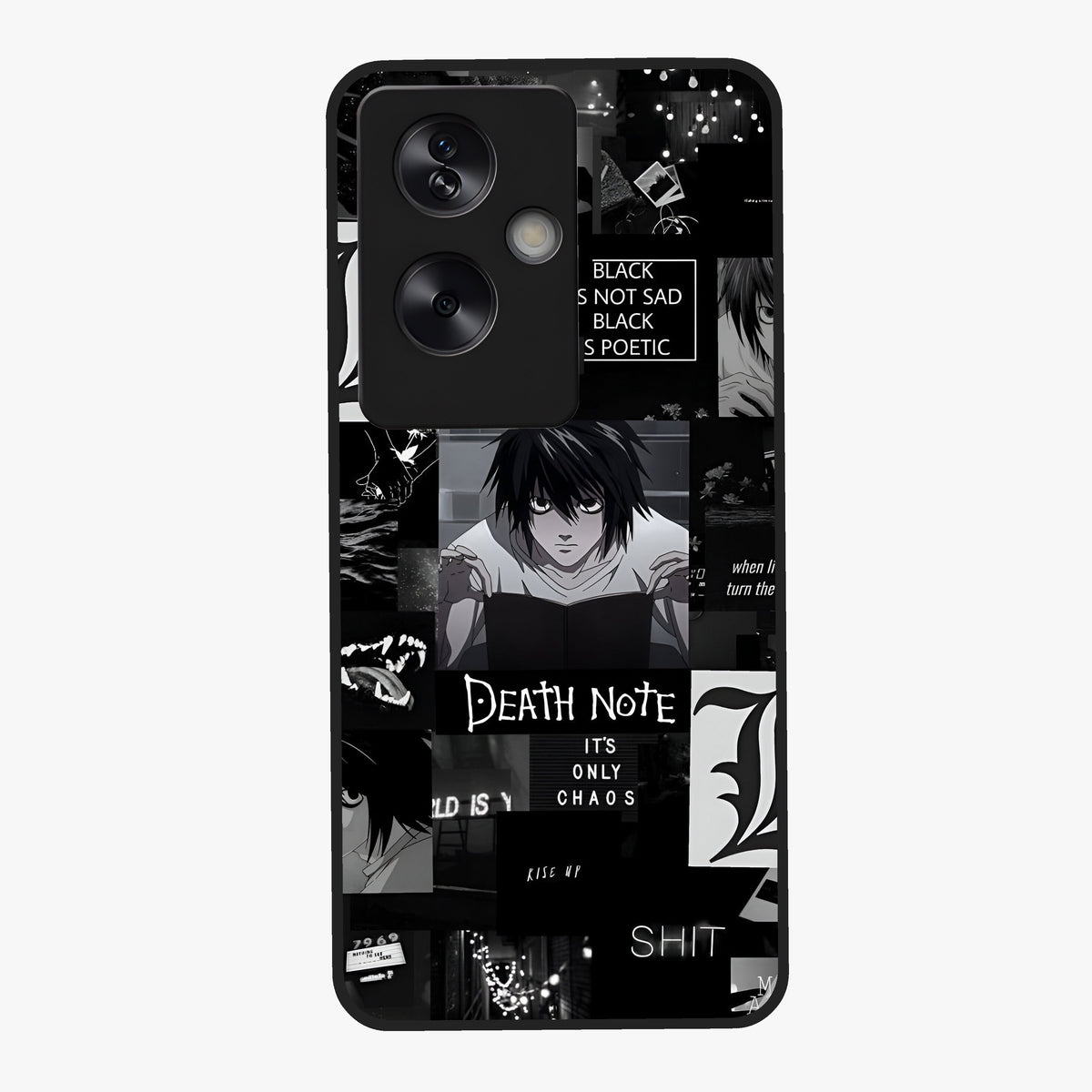 Midnight Chaos Mind Glass Case showing flat back view with abstract dark themed artwork and glossy glass finish.