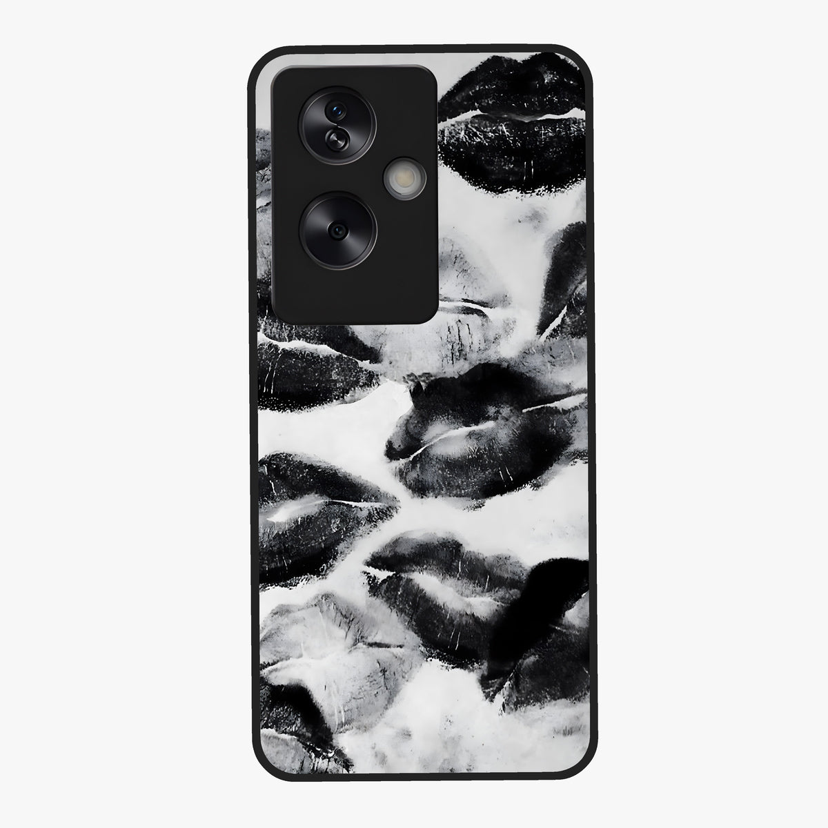 Midnight Kiss Marks Glass Case showing flat back view with lipstick kiss mark artwork and glossy glass finish.