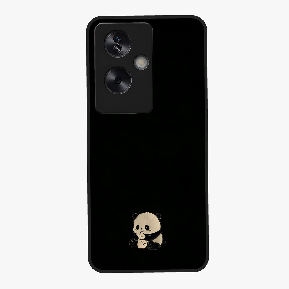 Midnight Panda Love Glass Case showing flat back view with cute panda themed artwork and glossy glass finish.