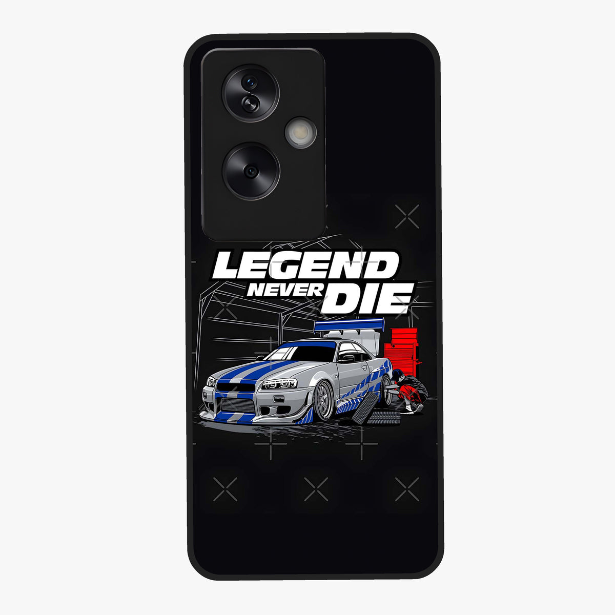 Midnight Racing Legacy Glass Case showing flat back view with sleek racing inspired artwork and glossy glass finish.