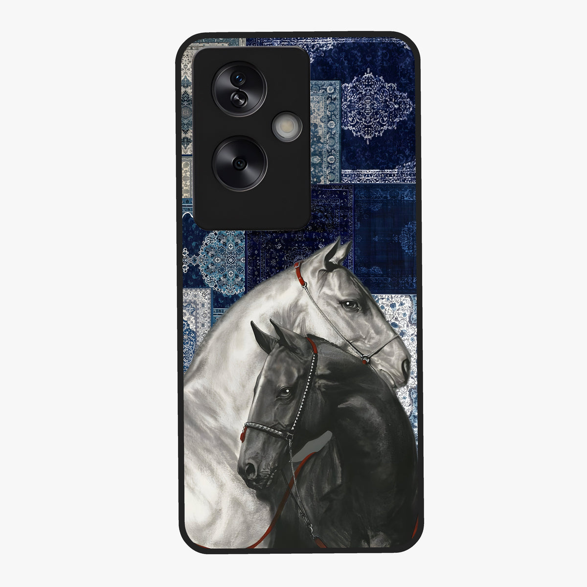 Midnight Stallion Blues Glass Case showing flat back view with majestic horse artwork and glossy glass finish.