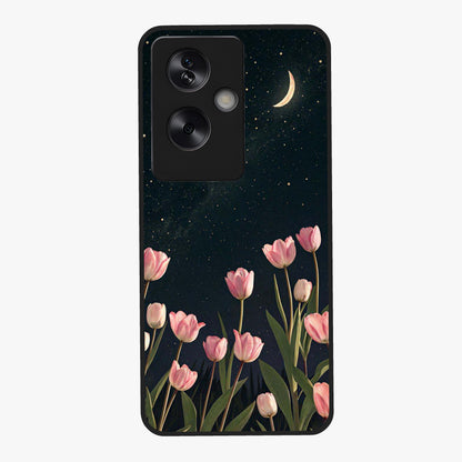 Midnight Tulip Whispers Vibe Glass Case showing flat back view with elegant tulip flower artwork and glossy glass finish.