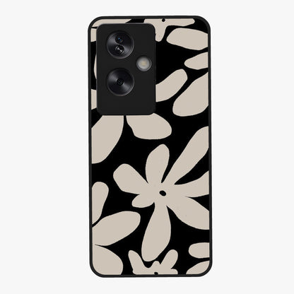 Monochrome Petal Dance Glass Case showing flat back view with monochrome floral artwork and glossy glass finish.