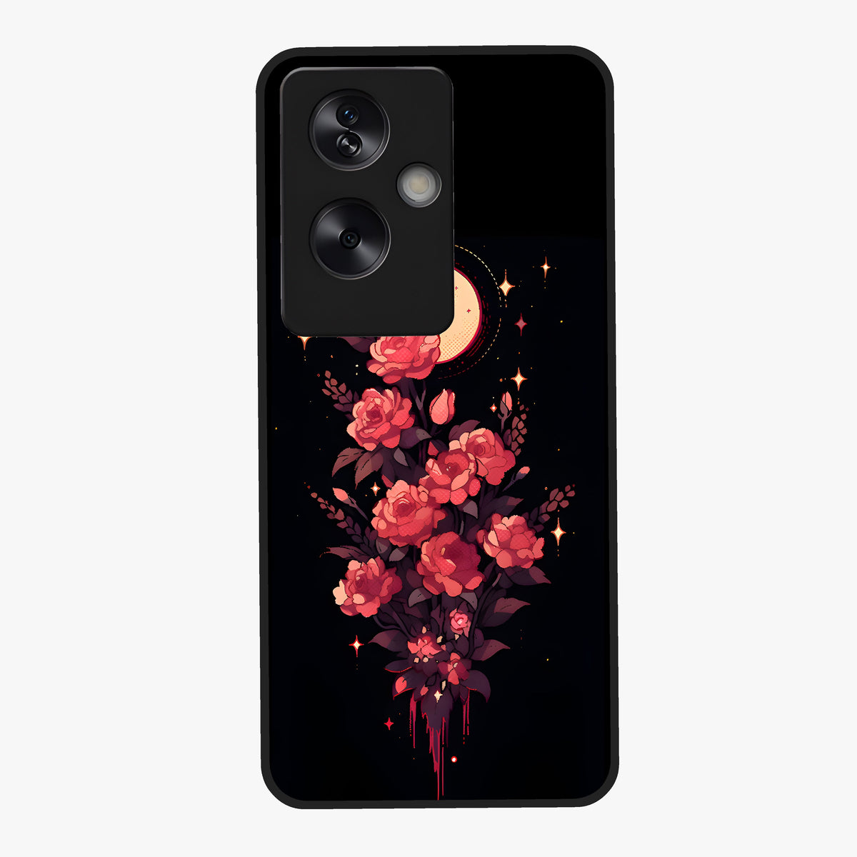 Moonlit Floral Elegance Glass Case showing flat back view with elegant floral artwork under moonlit tones and glossy glass finish.