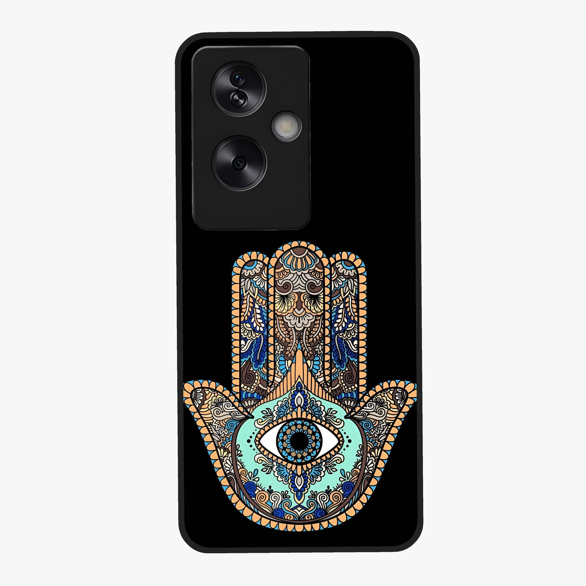 Mystic Hamsa Eye Glass Case showing flat back view with protective hamsa hand and evil eye artwork and glossy glass finish.