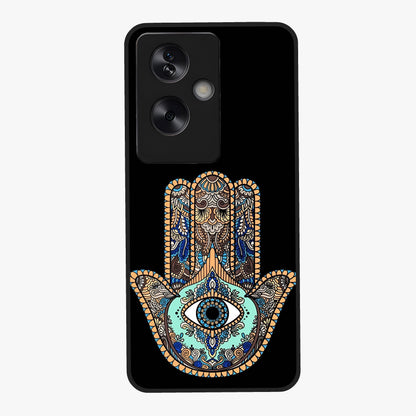 Mystic Hamsa Eye Glass Case showing flat back view with protective hamsa hand and evil eye artwork and glossy glass finish.