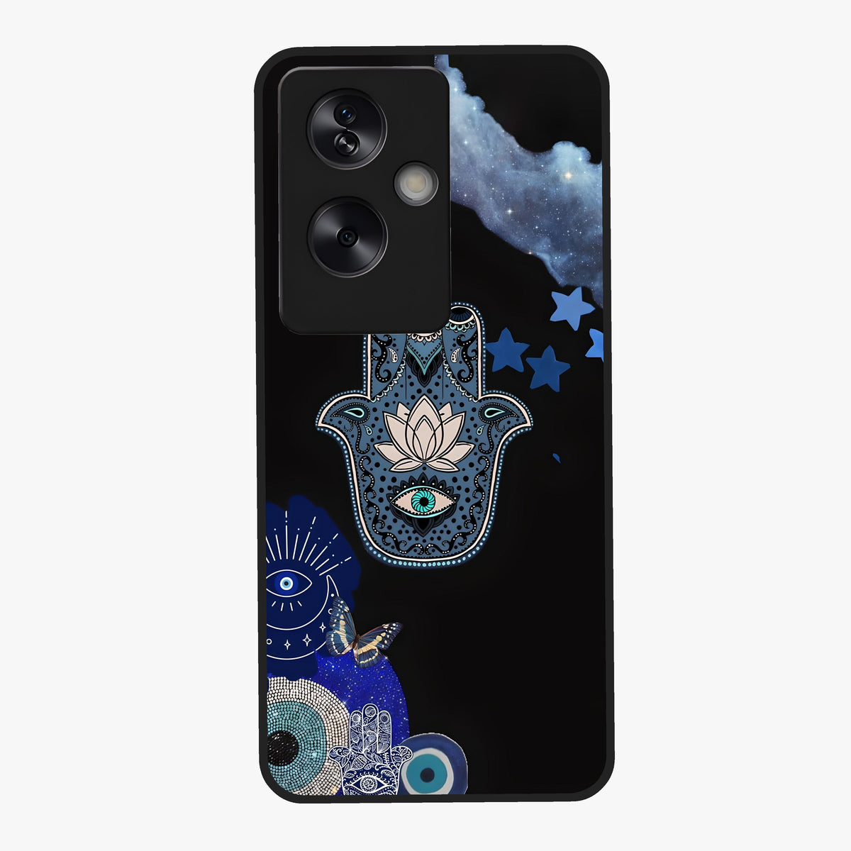 Mystic Hand Aura Glass Case showing flat back view with mystical hand symbol artwork and glossy glass finish.