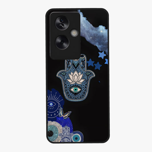 Mystic Hand Aura Glass Case showing flat back view with mystical hand symbol artwork and glossy glass finish.