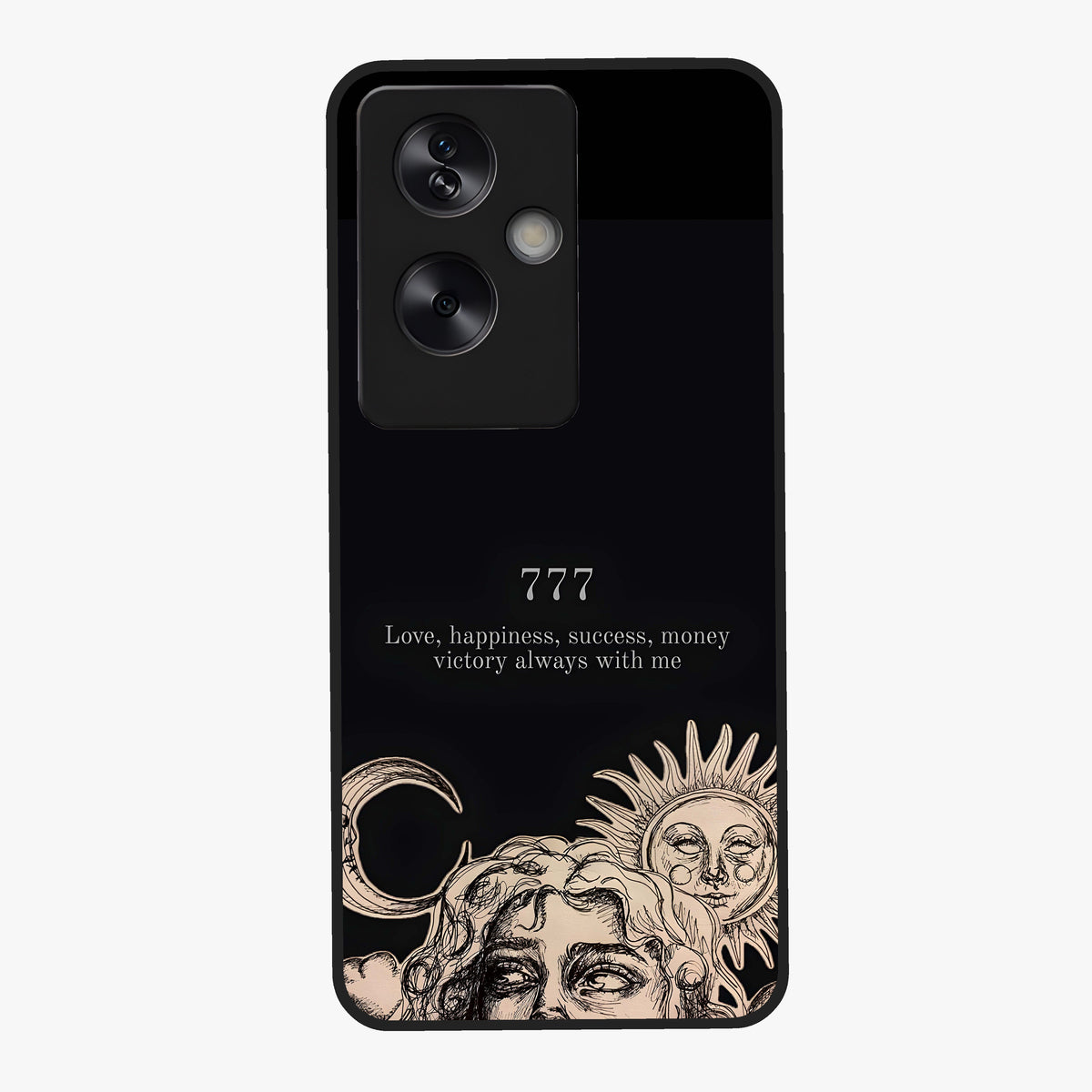 Mystic Victory Aura Glass Case showing flat back view with victory symbol artwork and glossy glass finish.