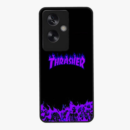 Neon Flame Riot Glass Case showing flat back view with neon flame artwork and glossy glass finish.
