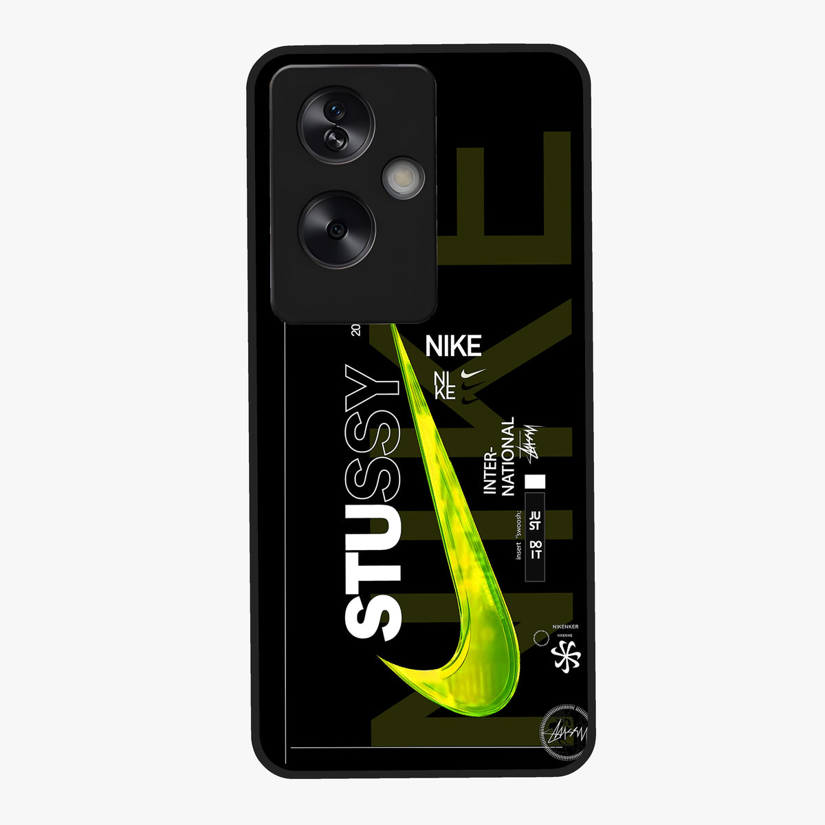 Neon Street Edition Glass Case showing flat back view with neon street style artwork and glossy glass finish.