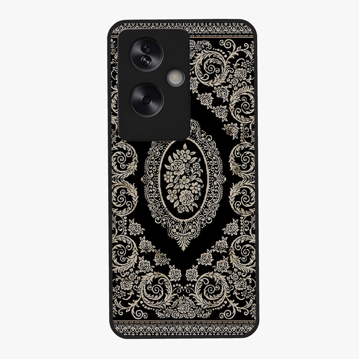 Noir Bloom Elegance Glass Case showing flat back view with elegant dark floral artwork and glossy glass finish.