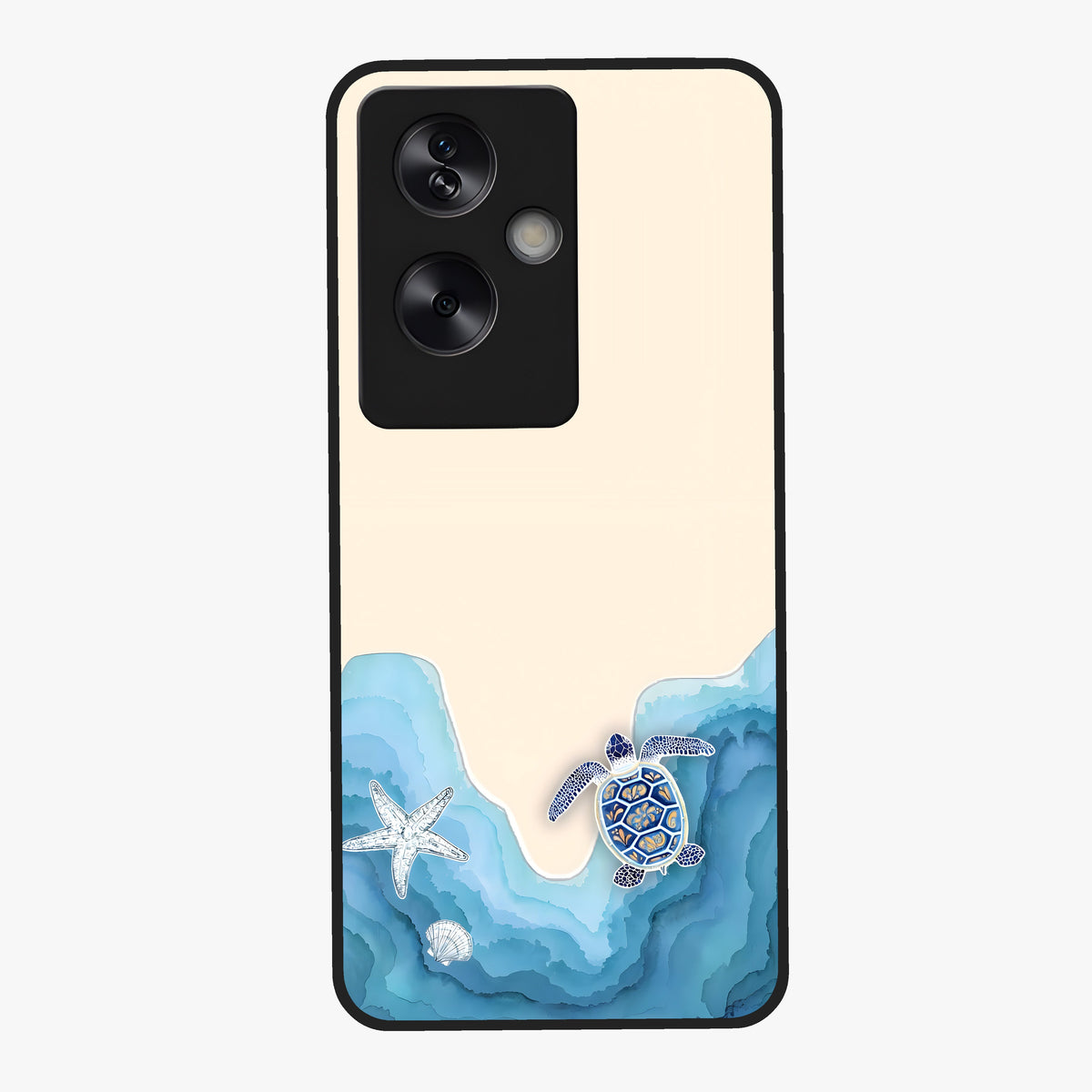 Ocean Drift Turtle Glass Case showing flat back view with sea turtle artwork and glossy glass finish.