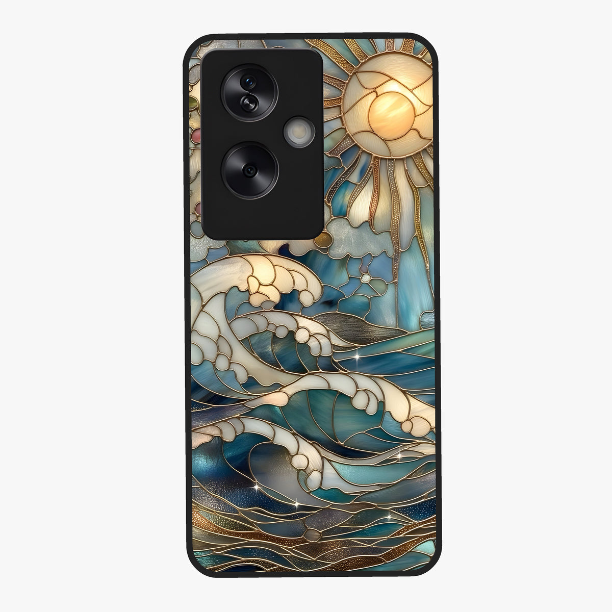 Oceanic Stained Printed Glass Case showing flat back view with ocean inspired stained pattern artwork and glossy glass finish.