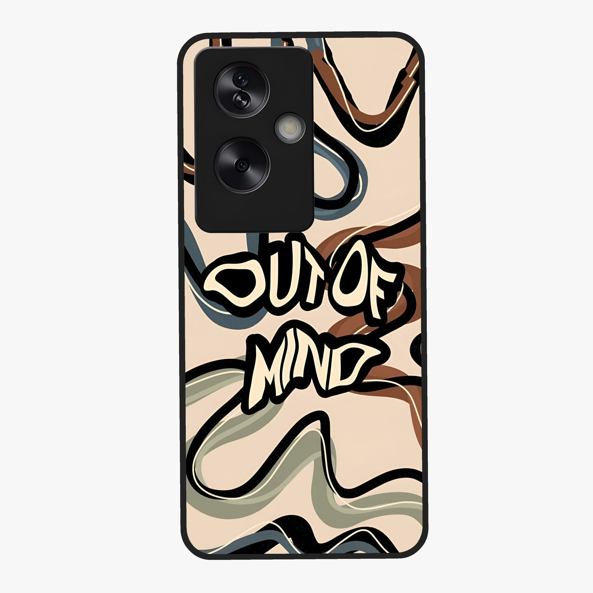 Out Of Mind Glass Case showing flat back view with expressive typography artwork and glossy glass finish.