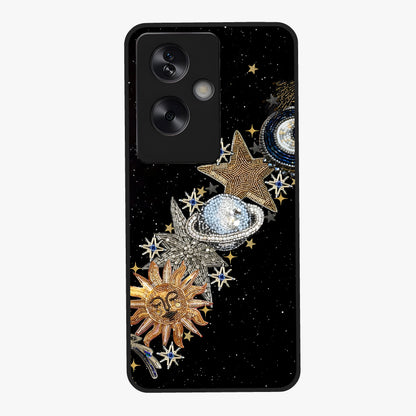 Pearls Universe Object Glass Case showing flat back view with pearl inspired cosmic artwork and glossy glass finish.